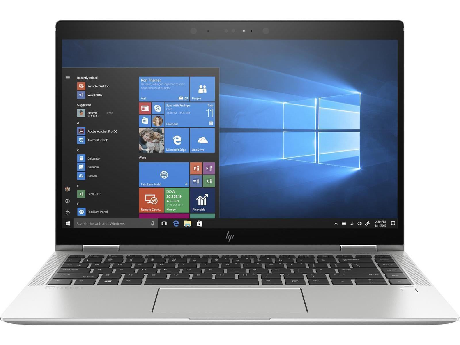 Laptop offen, Windows-Desktop sichtbar. Silbernes Gehäuse, schwarze Tasten. HP-Logo oben.
