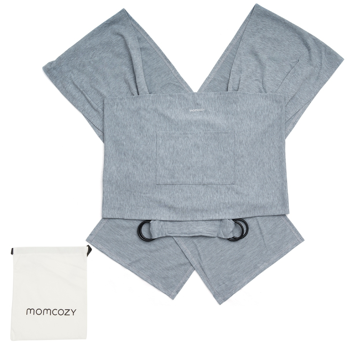 Ein gefalteter grauer Babyträger und eine weiße Tasche mit dem Text 'momcozy'. Weißer Hintergrund.