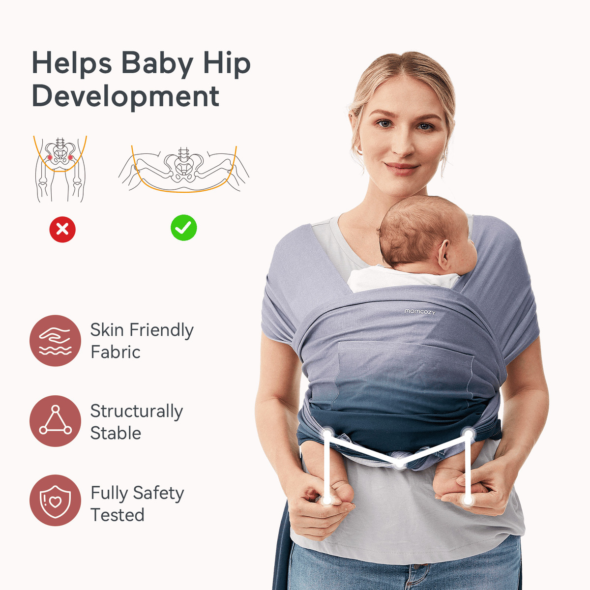 Frau mit Baby in Babytrage, Text erwähnt Hüftentwicklung. Symbole für Stoff, Stabilität und Sicherheit.