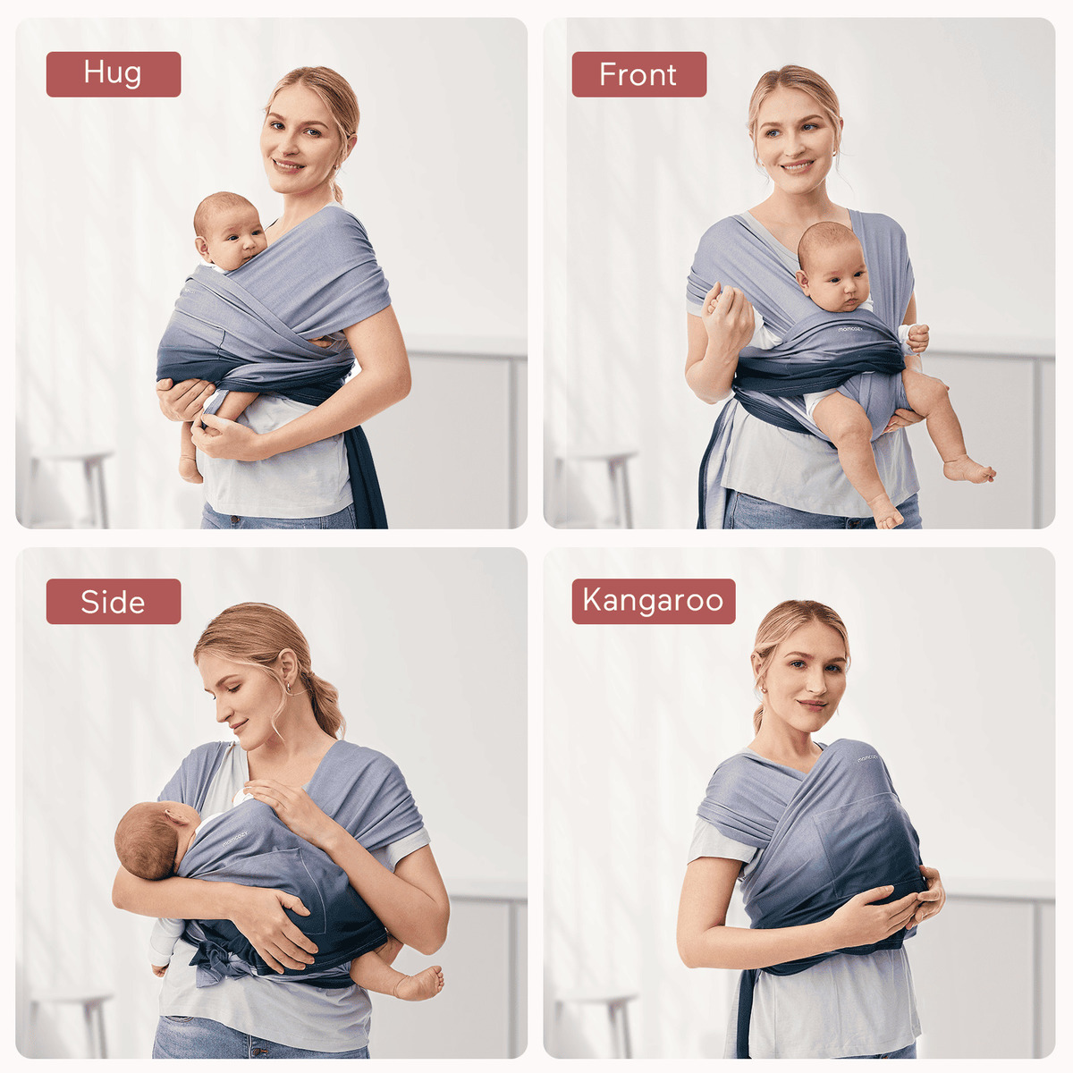 Vier Bilder einer Frau, die ein Baby in einer Babytrage in verschiedenen Positionen hält. Alle sind beschriftet.