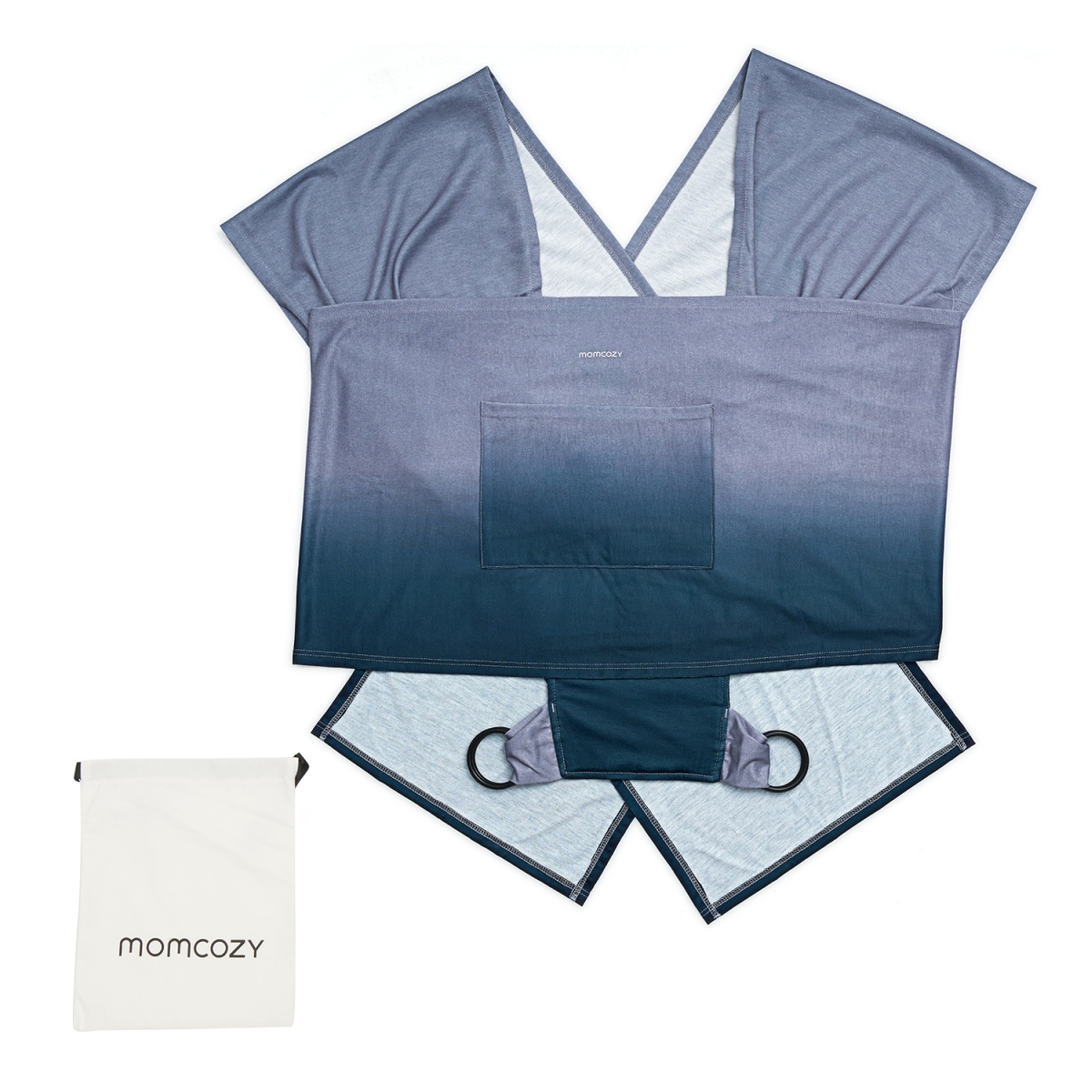 Babytragetuch. Es ist blau und grau, mit einer Tasche. Eine weiße Tasche mit 'momcozy' daneben.
