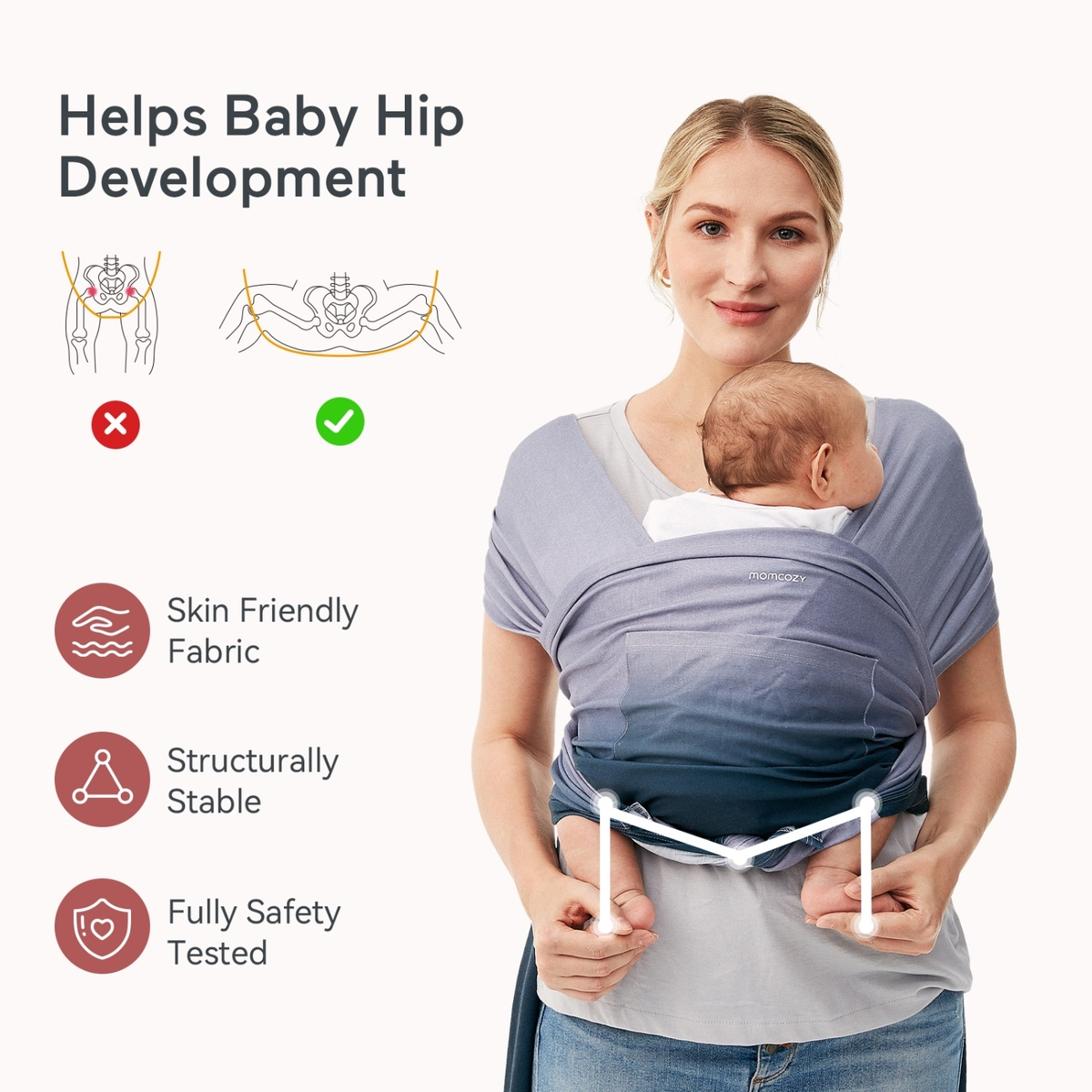 Frau mit Baby in Babytrage, Text erwähnt Hüftentwicklung. Symbole für Stoff, Stabilität und Sicherheit.