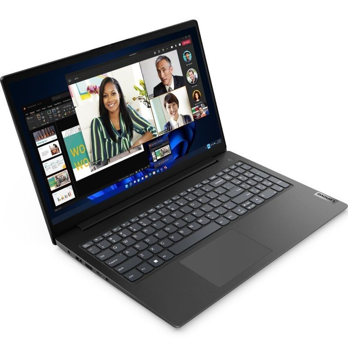 Czarny laptop wyświetla rozmowę wideo. Kilka osób jest widocznych. Klawiatura jest widoczna.