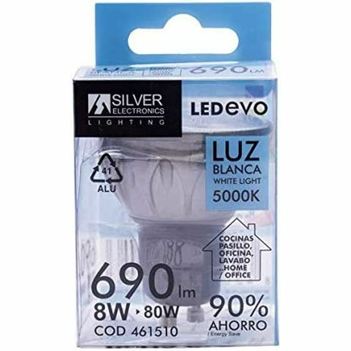 Una confezione del prodotto per una lampadina con specifiche. La scatola è bianca e blu.