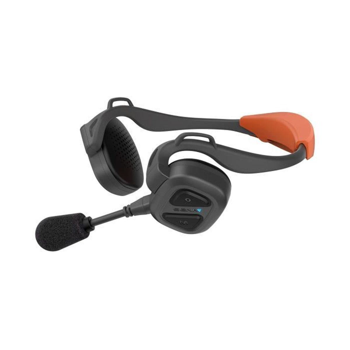 Cuffie per casco da moto nere e grigie con microfono. Isolato su sfondo bianco.