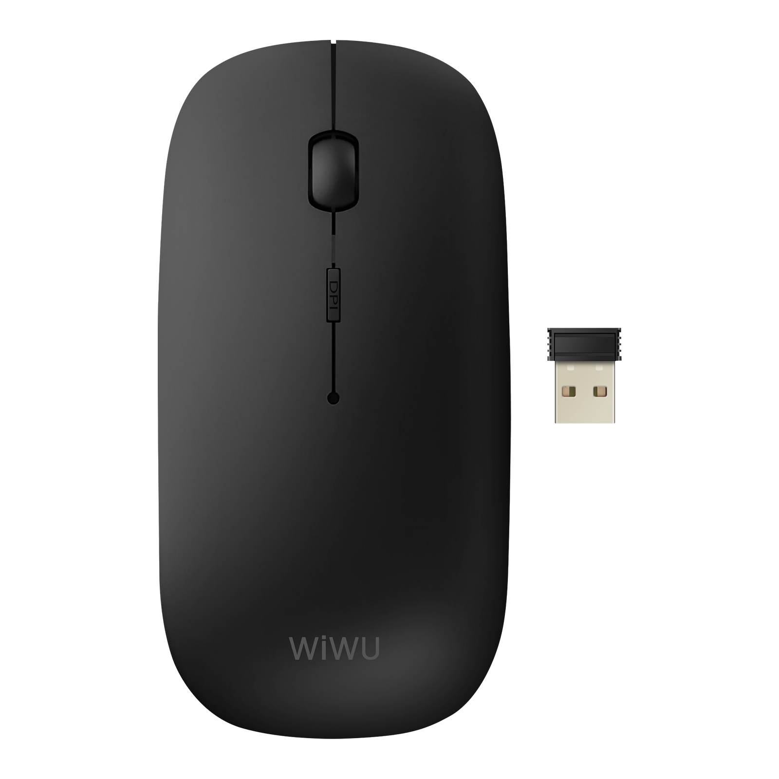 Schwarze kabellose Maus mit USB-Empfänger. Die Maus hat ein Scrollrad und eine DPI-Taste. Marke WiWU.