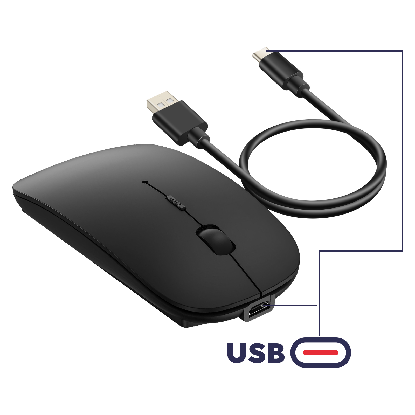 Schwarze kabellose Maus mit einem USB-Ladekabel. Das Kabel hat einen USB- und einen USB-C-Anschluss.