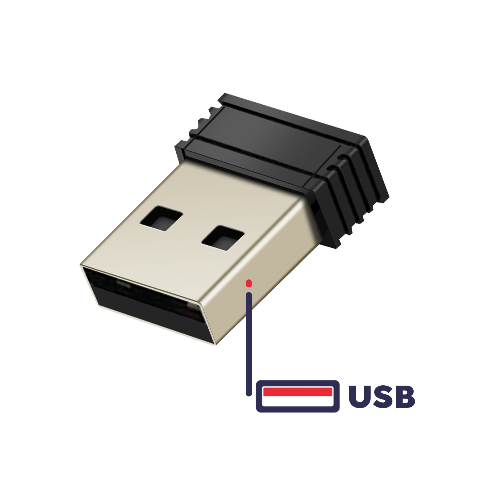 Ein USB-Empfänger mit schwarzem Gehäuse und einem USB-Symbol. Es ist an einen USB-Anschluss angeschlossen.
