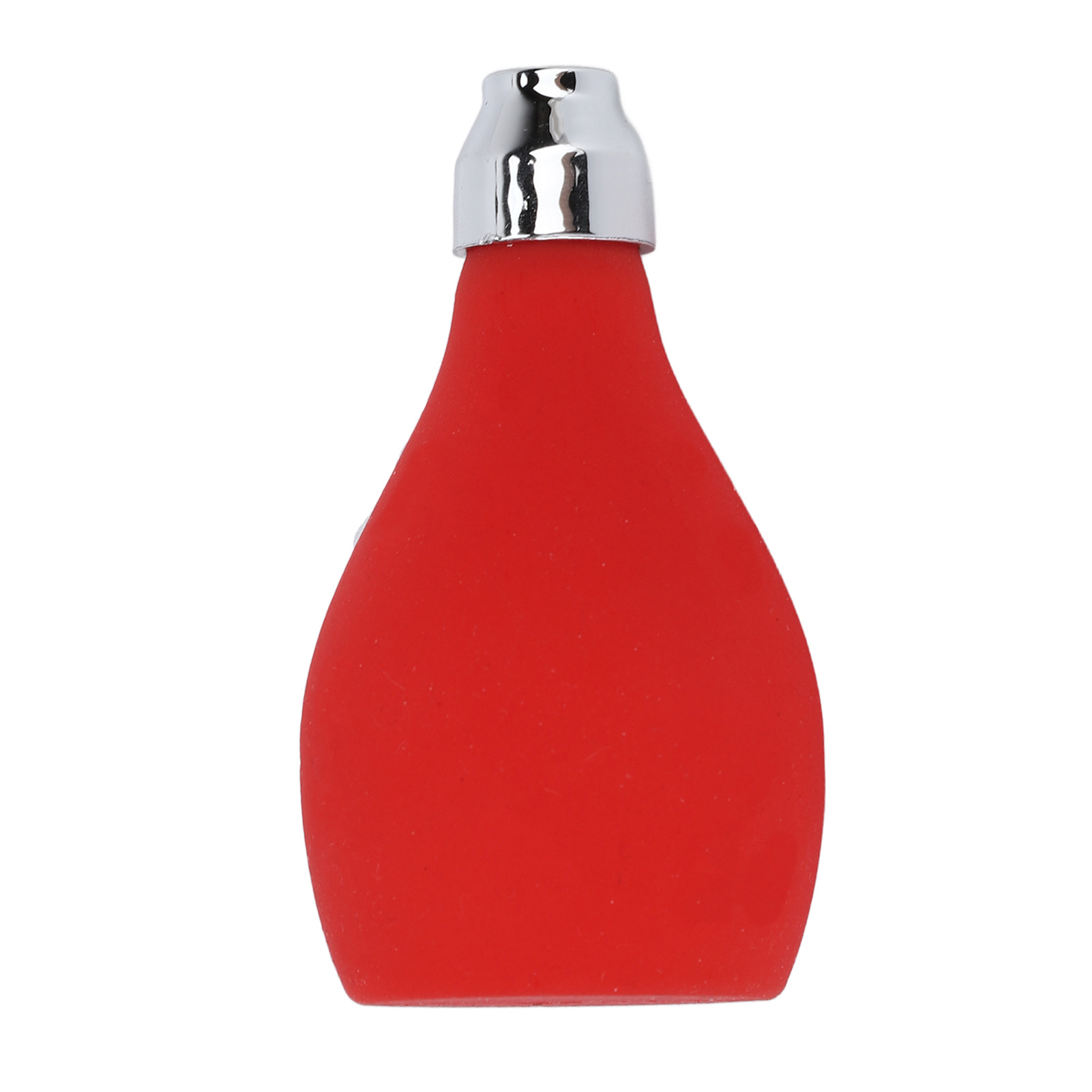 Eine rote Glühbirnenspritze mit glänzendem silbernem Aufsatz.