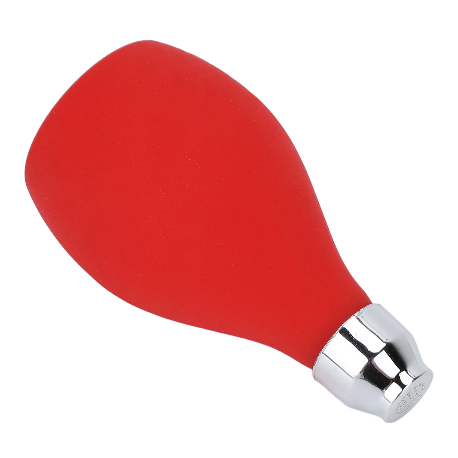 Eine rote Gummibirne mit silberner Düse. Die Birne ist glatt und abgerundet.