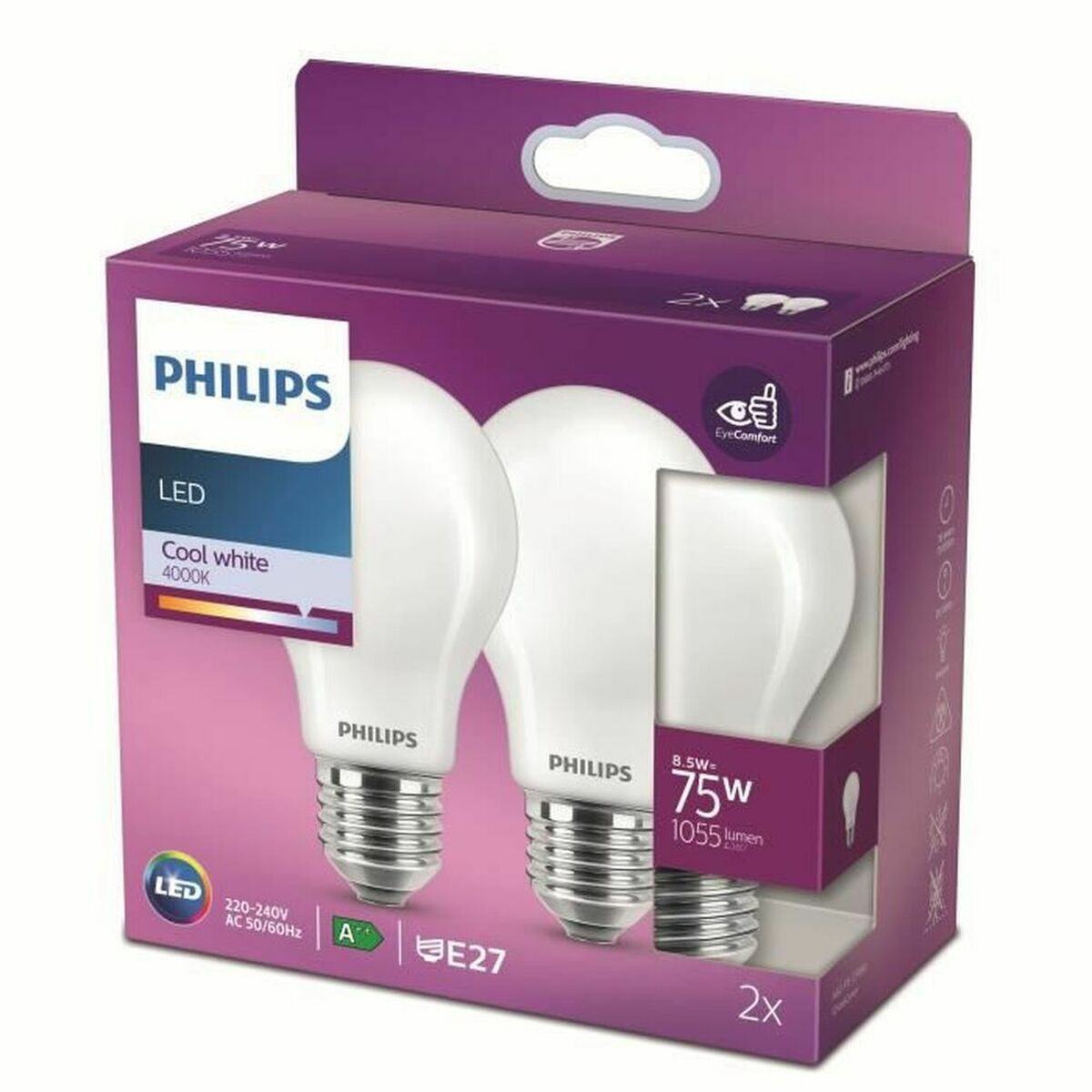 Una confezione di lampadine LED Philips con due lampadine all'interno. La confezione è di colore viola.