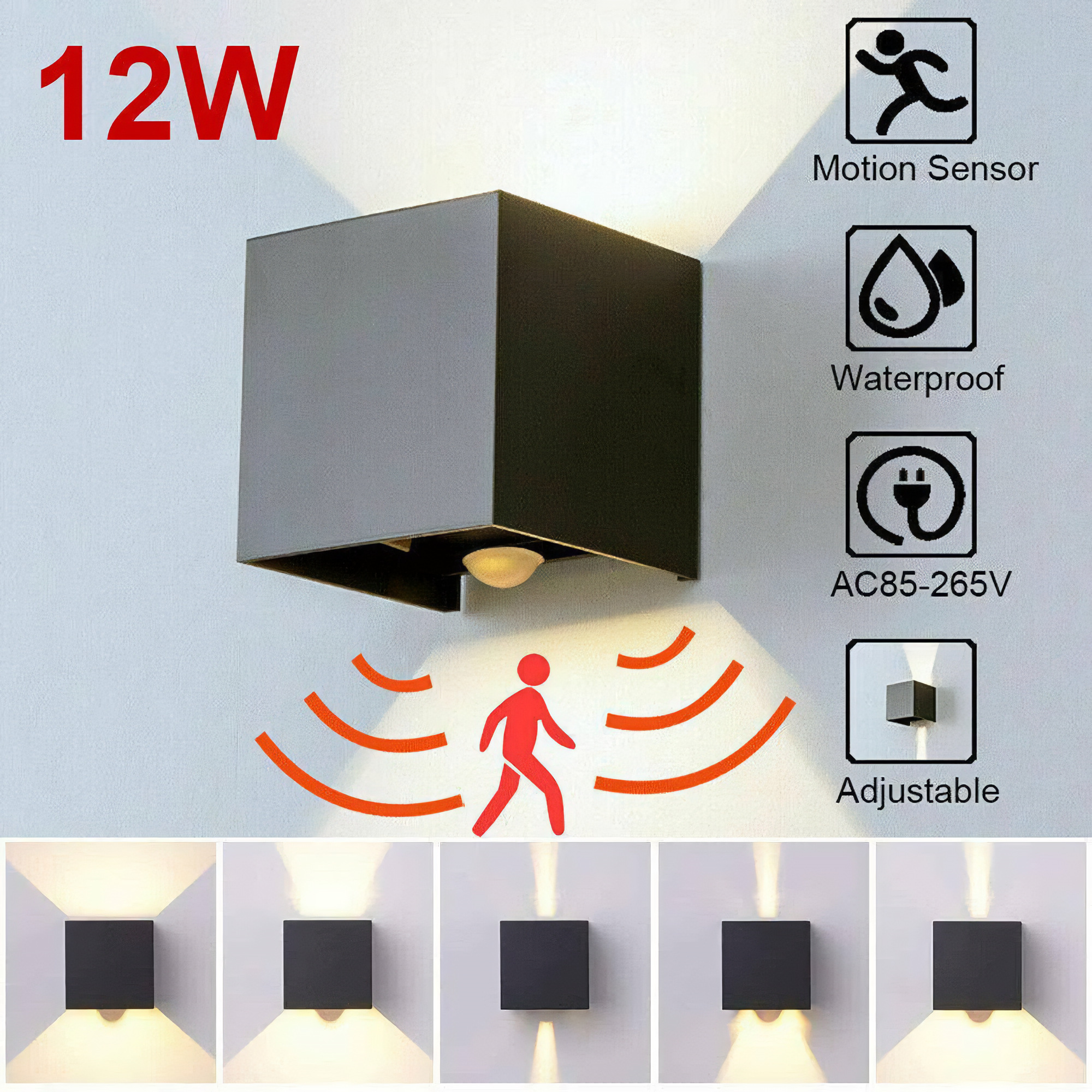 Eine schwarze quadratische Lampe ist an einer Wand montiert. Symbole zeigen Bewegungssensor, Wasserdichtigkeit und Einstellbarkeit.