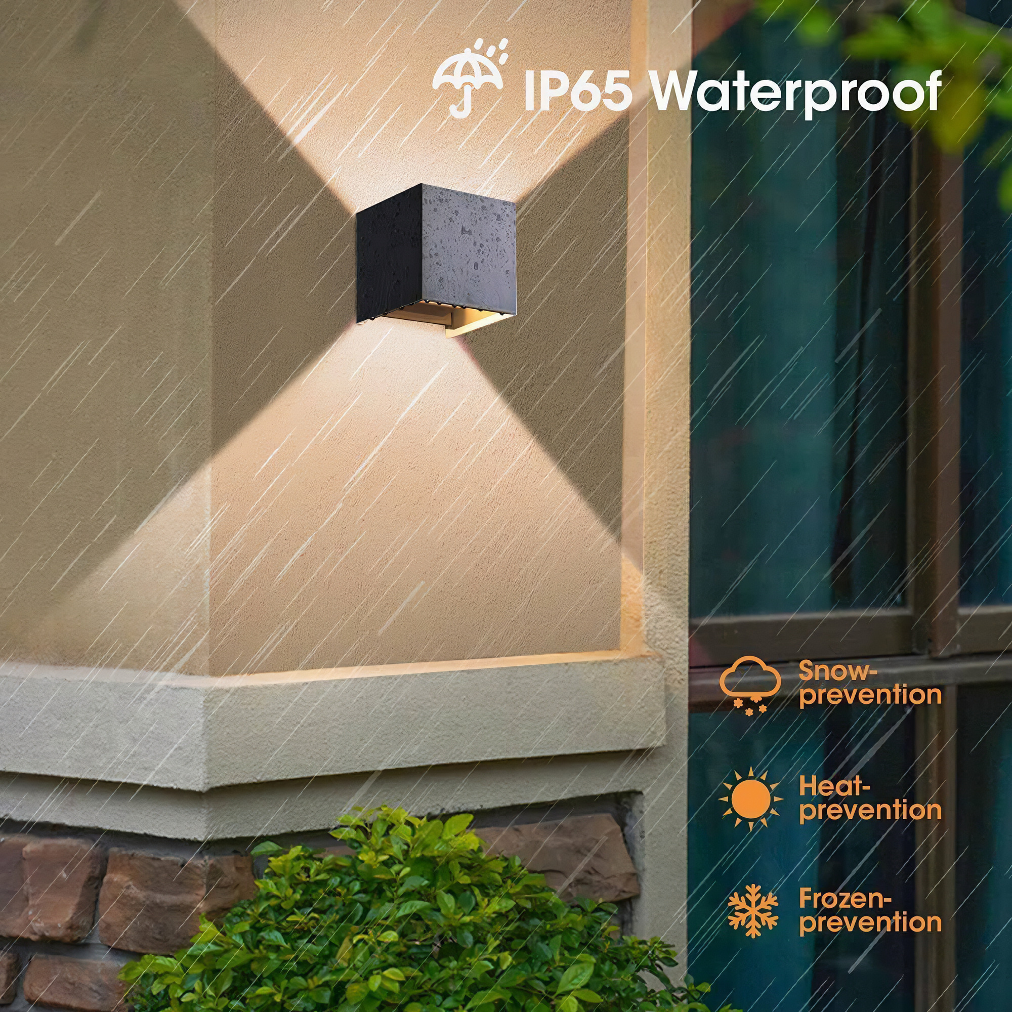 Ein schwarzes quadratisches Licht an einer beigen Wand, mit Regeneffekten. Text liest IP65 Wasserdicht, Schnee- und Hitzeschutz.