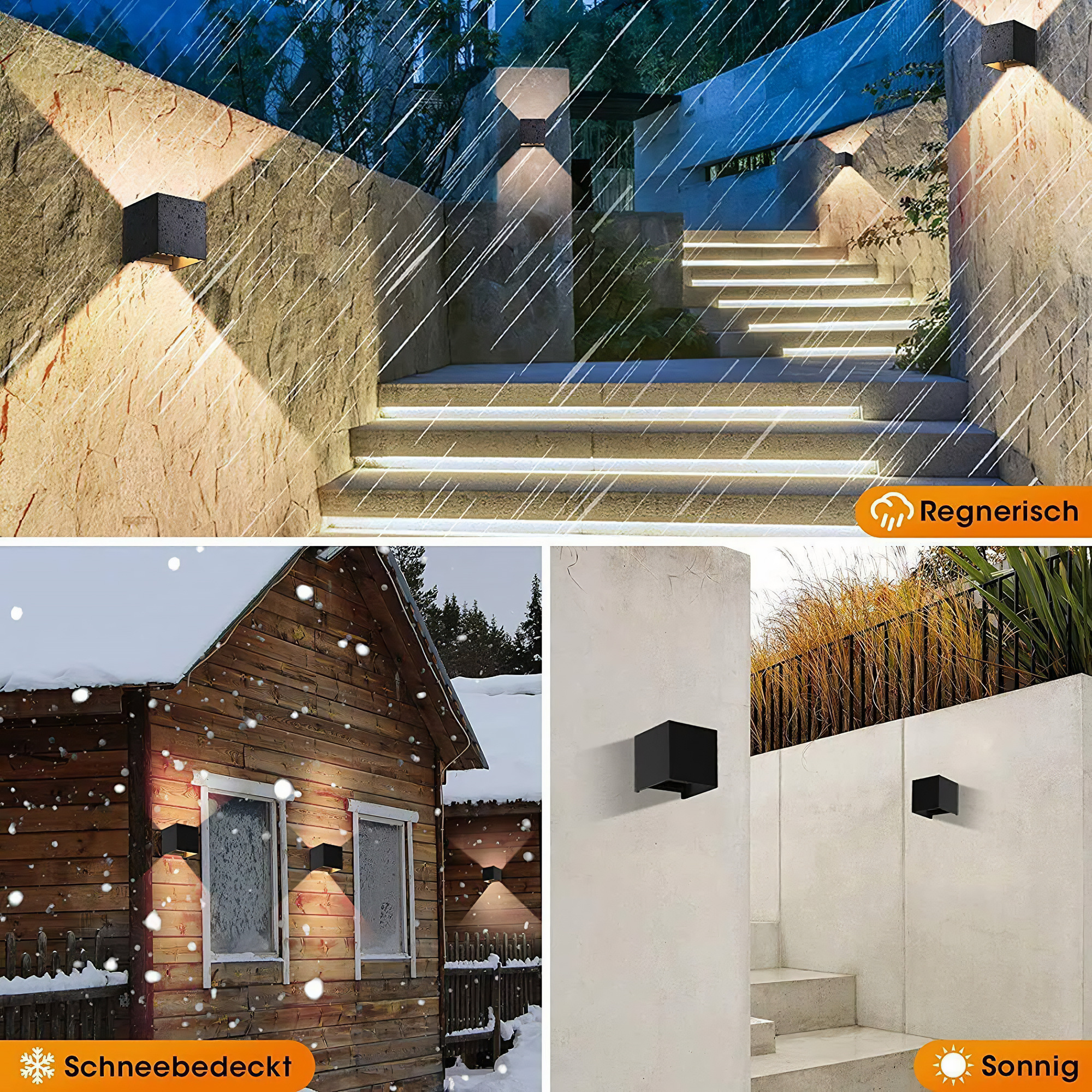 Eine Collage von Bildern: Lichter auf einer Treppe, Lichter an einem Haus und ein einzelnes Licht an einer Wand. Wetter-Icons enthalten.