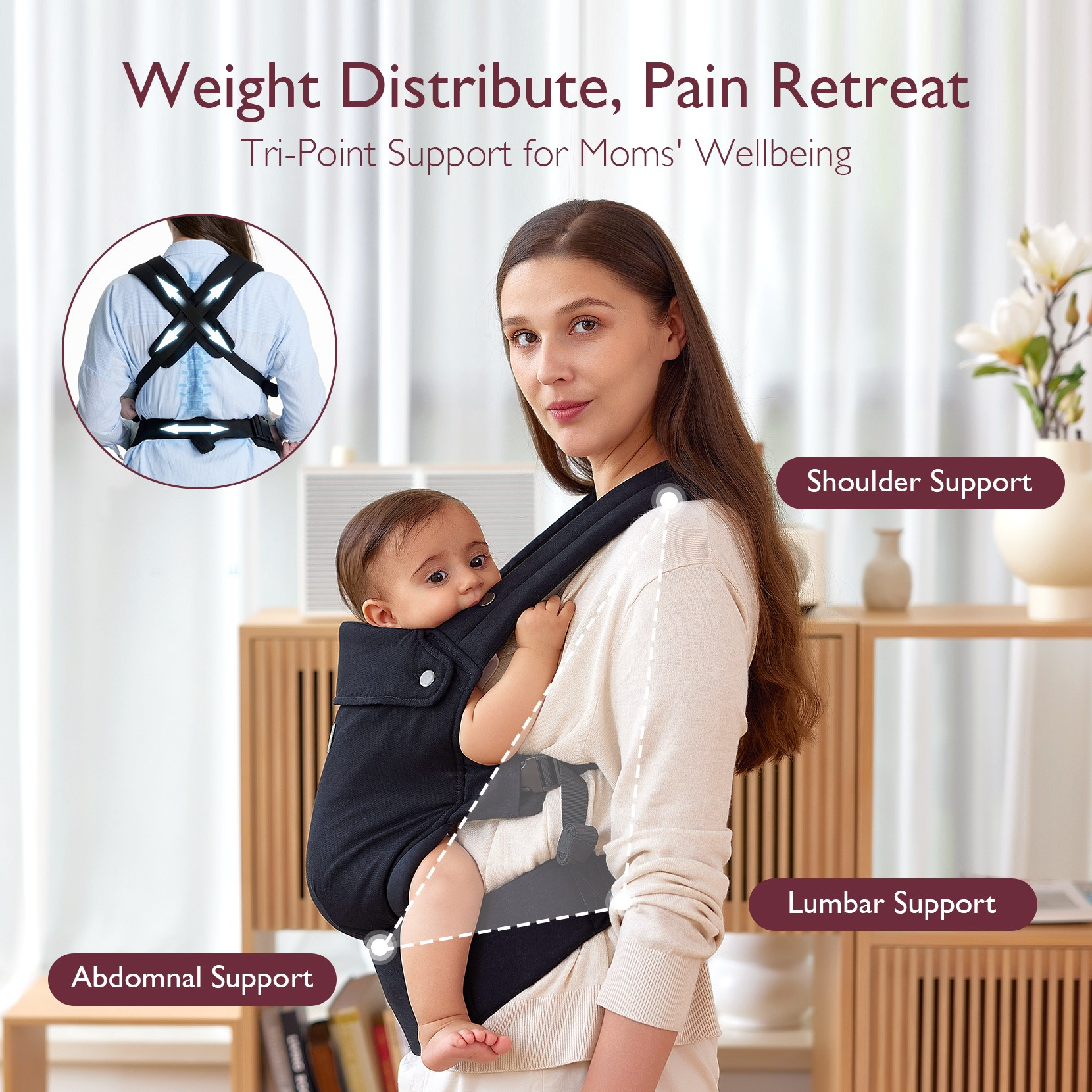 A woman and baby are wearing a black carrier. The image highlights shoulder, abdominal, and lumbar support features.