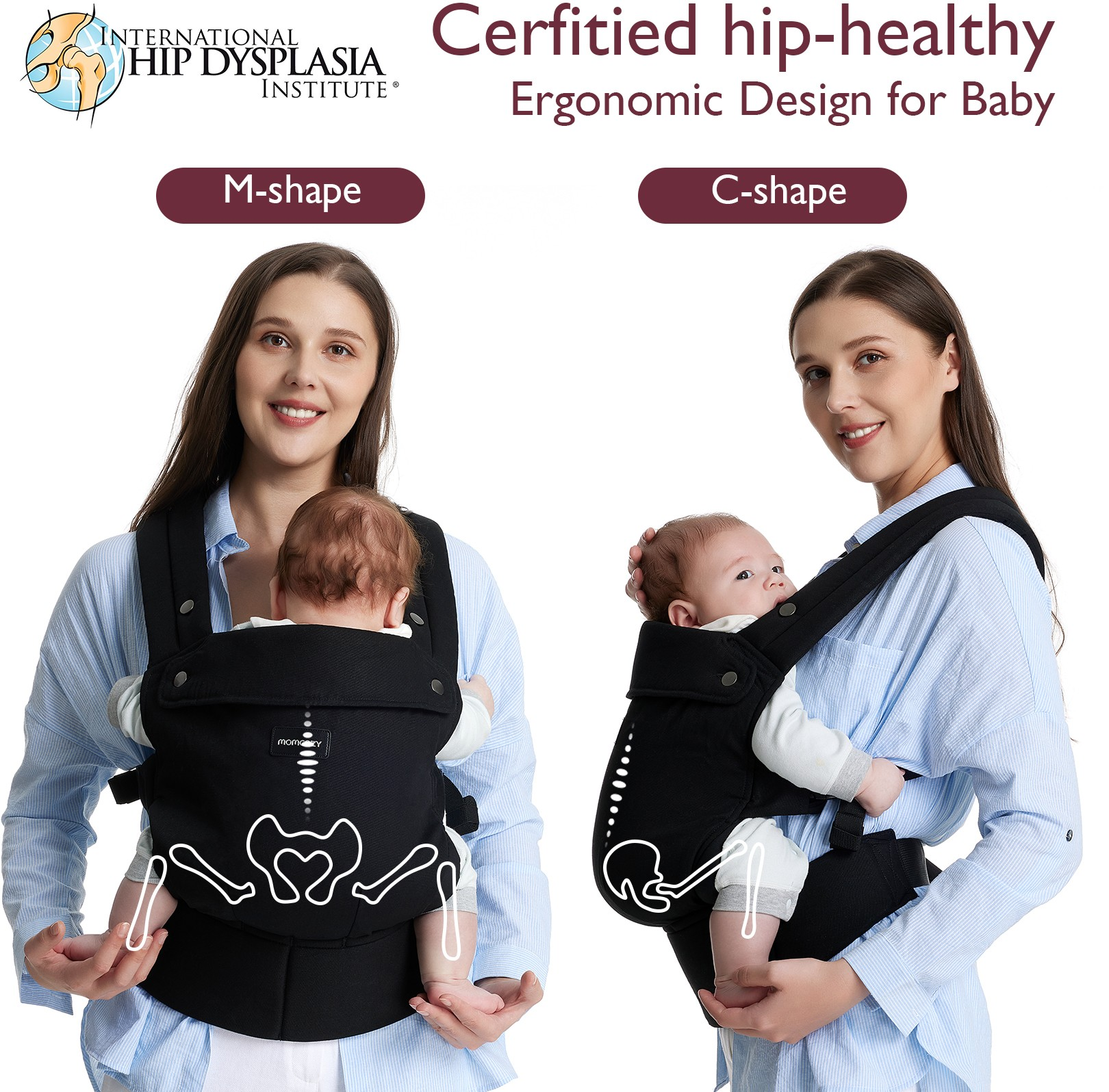 Two women demonstrating baby carriers, one in M-shape, one in C-shape, with baby and labeled diagrams.