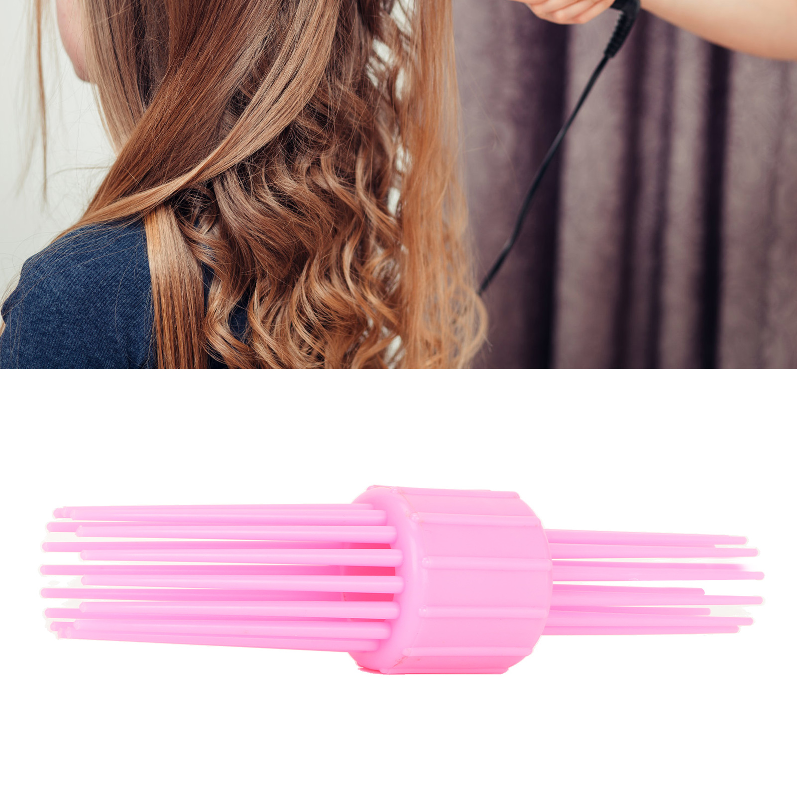 Das Haar einer Person wird mit einem Lockenstab gelockt. Ein rosa Haarstyling-Werkzeug befindet sich im Vordergrund.