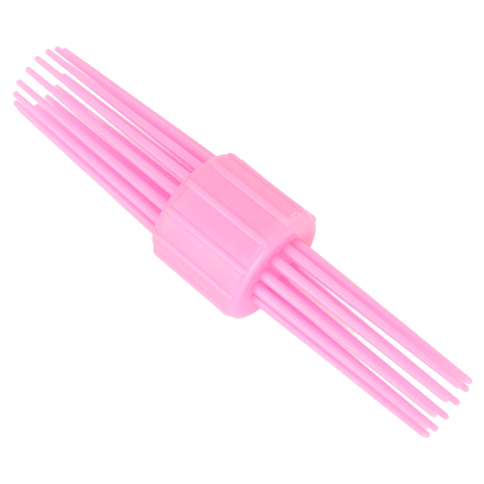 Nahaufnahme eines rosa Haarstyling-Werkzeugs mit mehreren langen, dünnen Zinken.