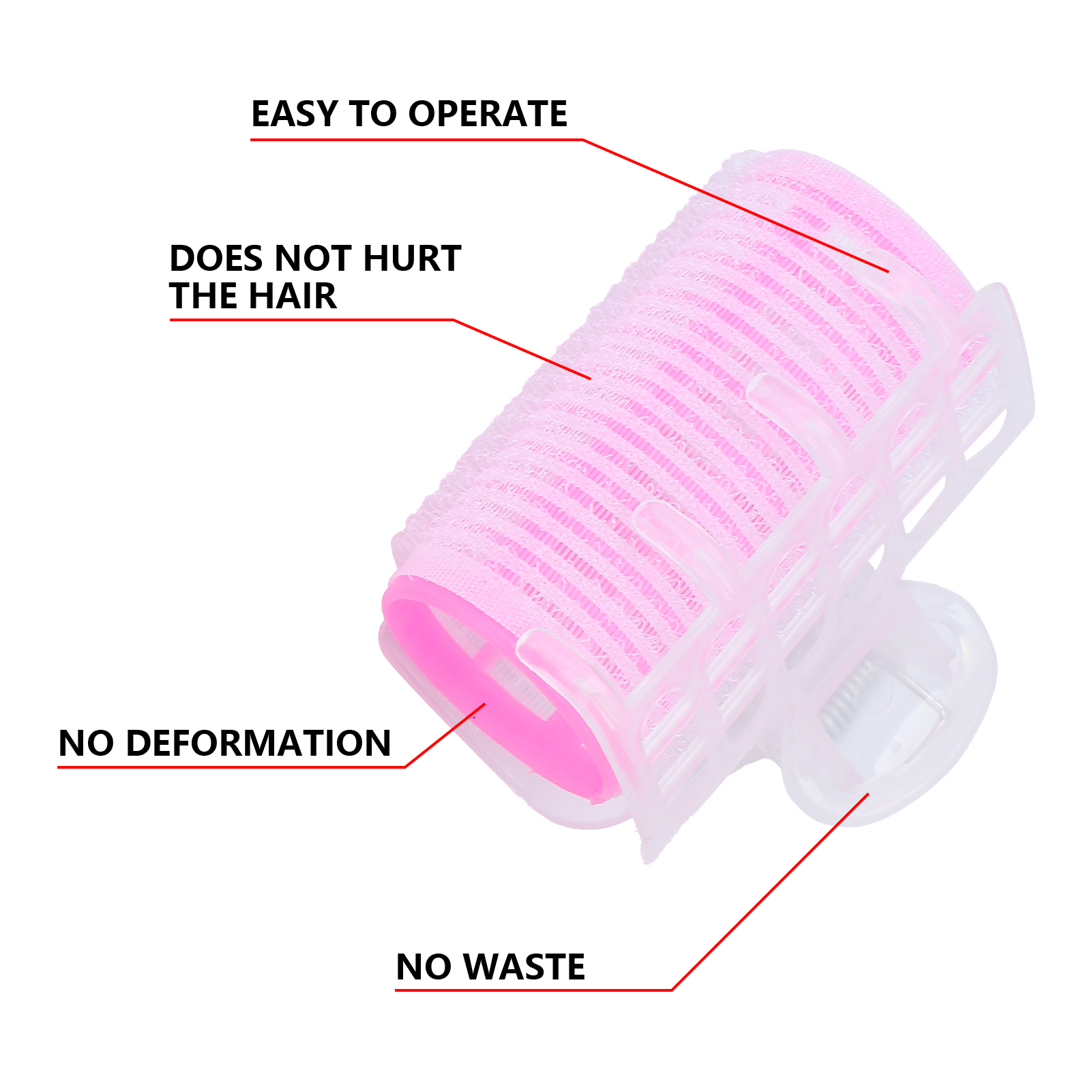 Nahaufnahme einer rosa Haarwalze mit Text, der besagt, dass sie einfach zu bedienen ist und das Haar nicht schädigt.