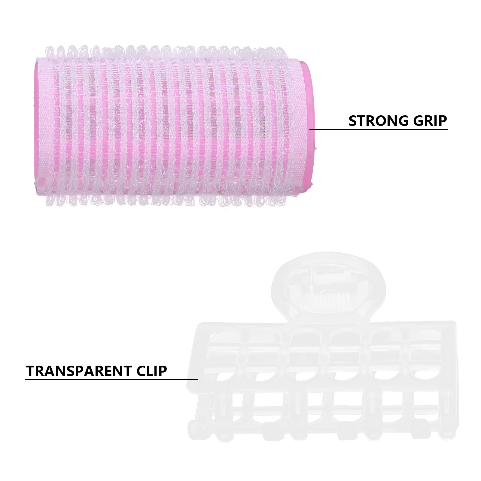 Nahaufnahme einer Haarrolle. Das Bild zeigt eine transparente Klammer und eine rosa, mit Mesh bedeckte Rolle.