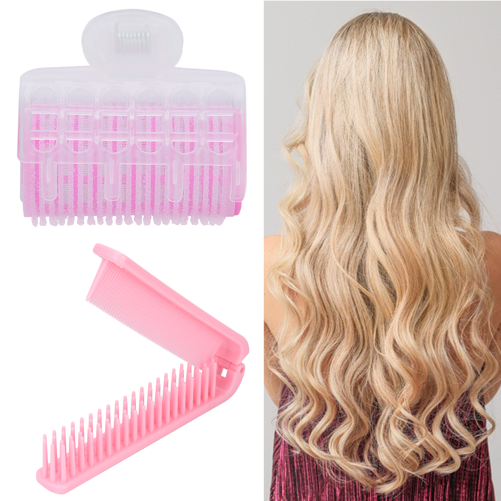 Haarroller und offener, rosa Faltkamm. Blondes Haar mit Locken. Die Gegenstände befinden sich auf weißem Hintergrund.
