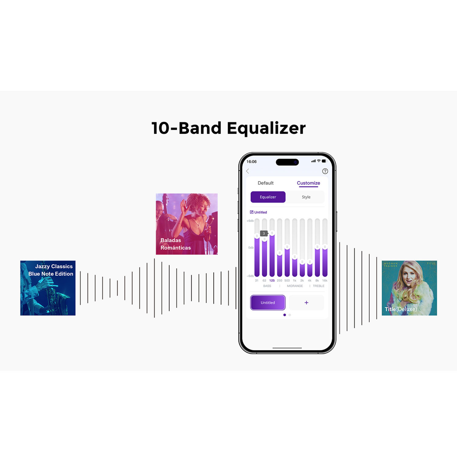 Das Bild zeigt eine 10-Band-Equalizer-App-Oberfläche auf einem Telefon, umgeben von Albumcover und Musikvisualisierungen.