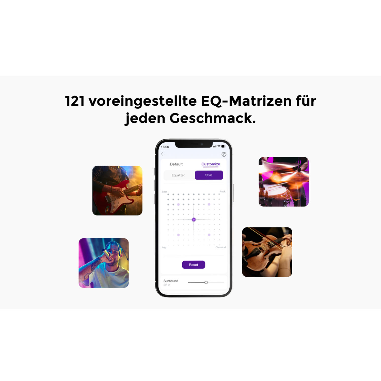 Ein Bildschirm mit einer Equalizer-Oberfläche mit mehreren Einstellungen und Bildern von Musikern.