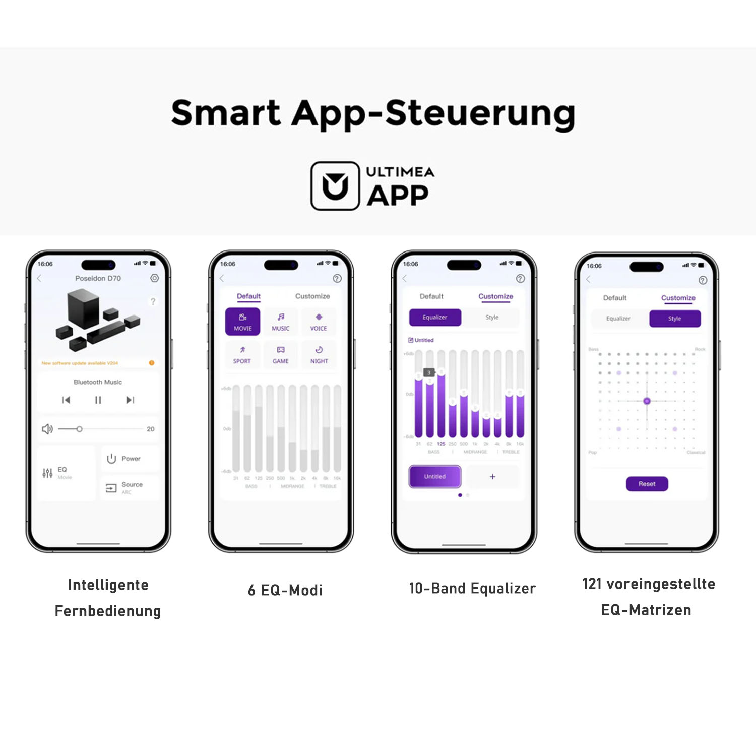 Das Bild zeigt Telefonbildschirme, die eine App mit Equalizer-Einstellungen zeigen, die mit Funktionen und Optionen beschriftet sind.