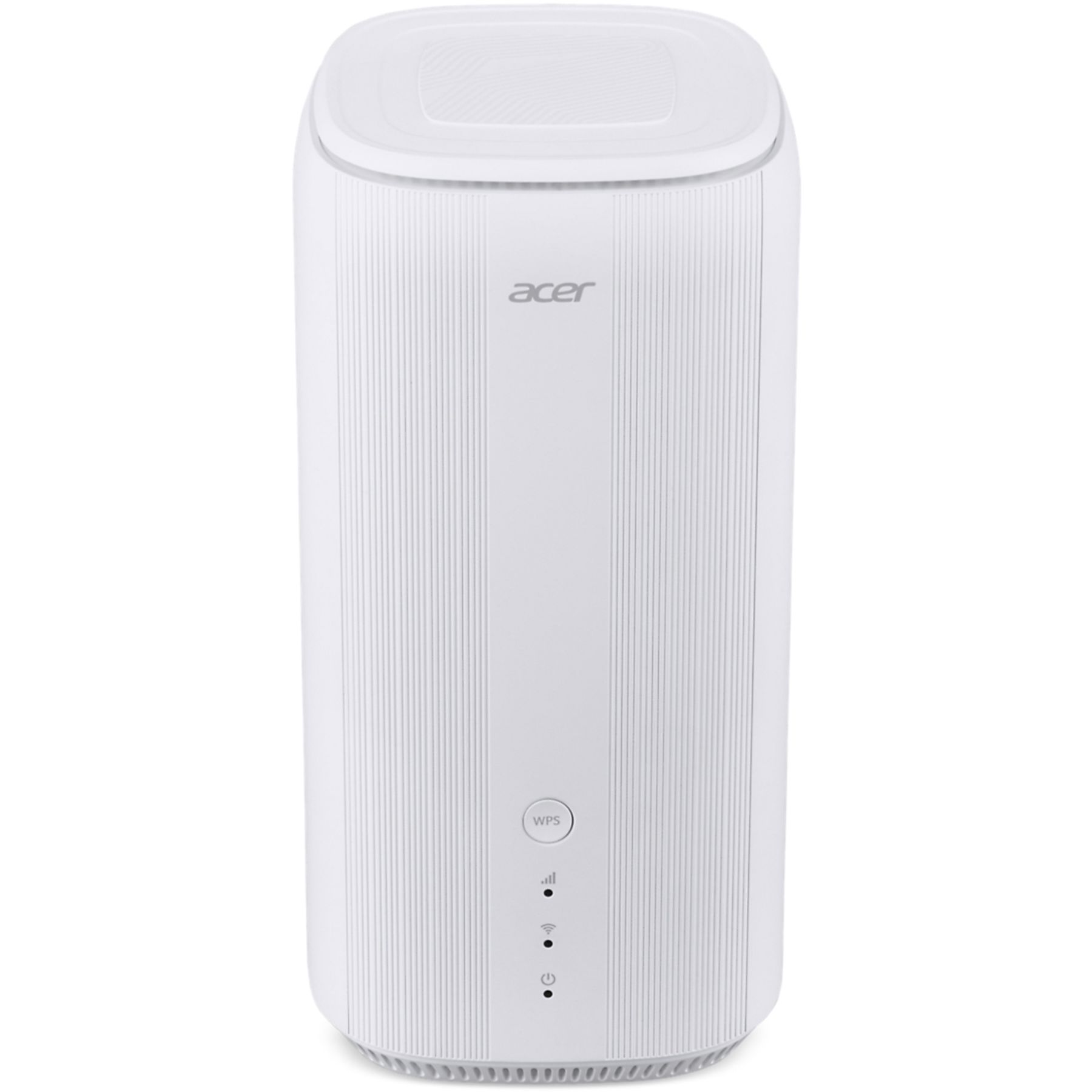 Obraz przedstawia cylindryczne białe urządzenie Acer z przyciskiem WPS i lampkami kontrolnymi na białym tle.