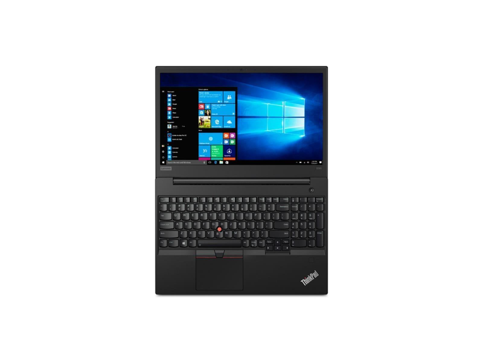 Das Bild zeigt einen schwarzen Lenovo-Laptop in der Draufsicht, der das Windows-Betriebssystem und die Tastatur anzeigt.