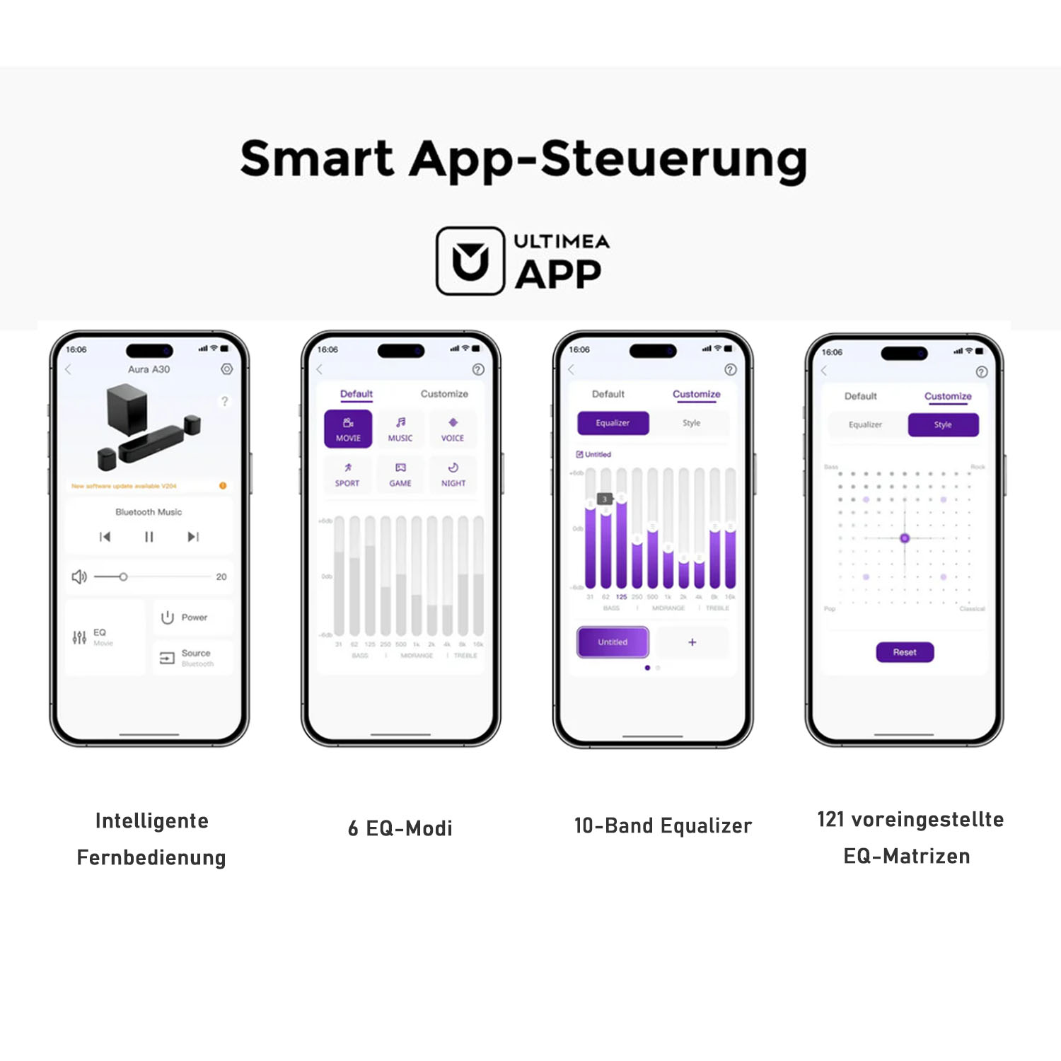 Screenshots einer Smart-App-Oberfläche mit Audioeinstellungen, einschließlich Equalizer-Steuerung und Soundprofilen.