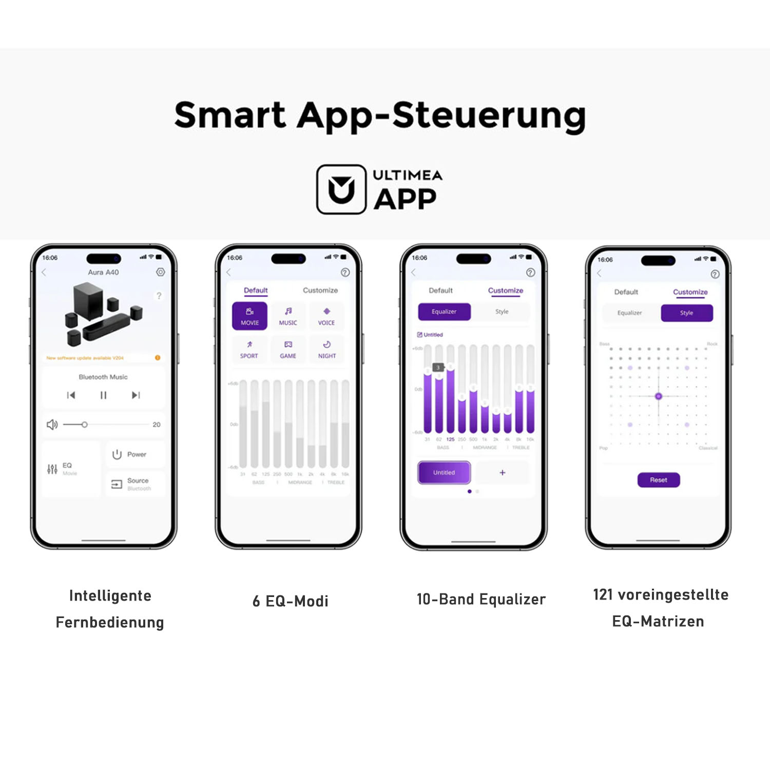 Screenshots einer Smart-App-Oberfläche mit Audioeinstellungen, einschließlich Equalizer-Steuerung und Soundprofilen.