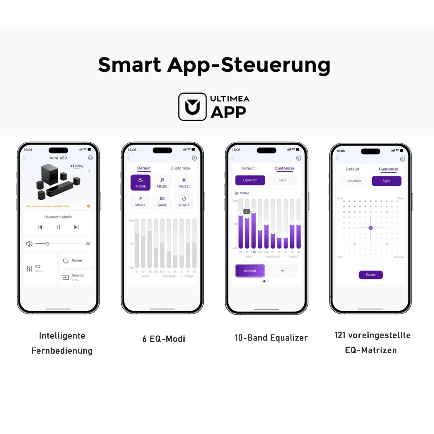 Screenshots einer Smart-App-Oberfläche mit Audioeinstellungen, einschließlich Equalizer-Steuerung und Soundprofilen.