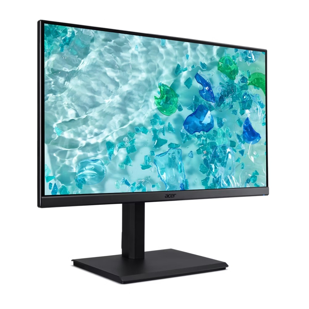 Monitor komputerowy wyświetlający obraz wody z niebieskimi i zielonymi kształtami na czarnym stojaku.