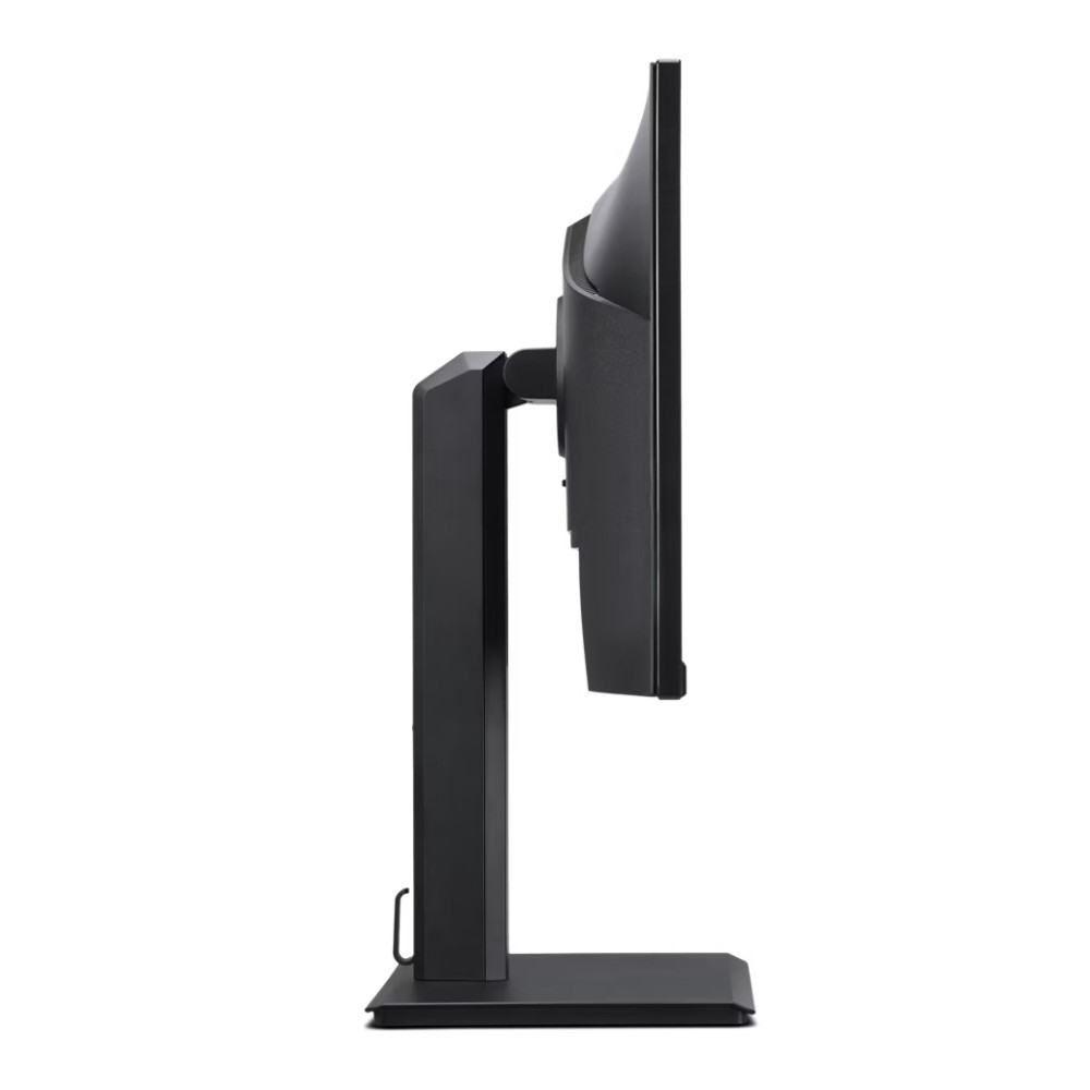 Widok z boku czarnego monitora komputera z czarną podstawą na białym tle.