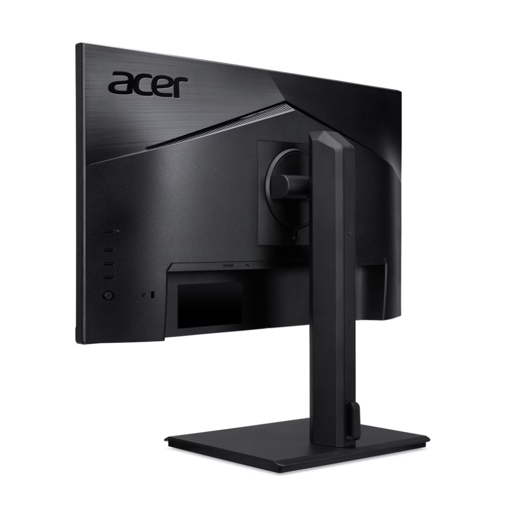 Tylna strona czarnego monitora komputera, pokazująca porty i połączenie ze stojakiem, na białym tle.