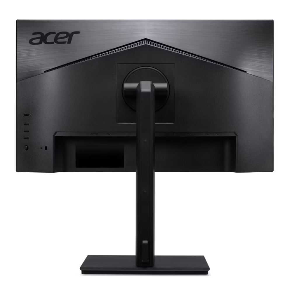 Widok z tyłu czarnego monitora, pokazujący porty, podstawę i logo Acer na białym tle.