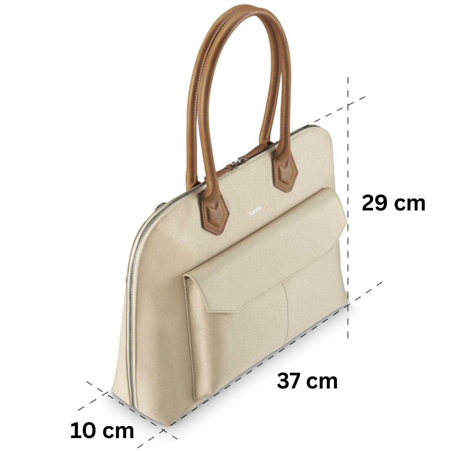 Beige Laptoptasche mit braunen Griffen und einer Vordertasche. Maße sind 37x29x10cm.