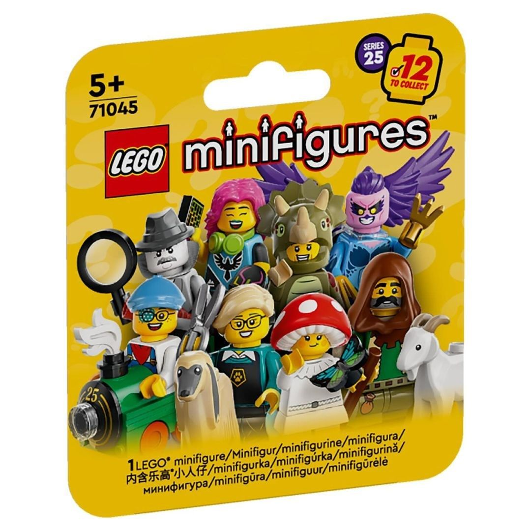 Lego Minifiguren-Box mit verschiedenen Figuren. Die Box ist gelb mit dem Lego-Logo und Text.