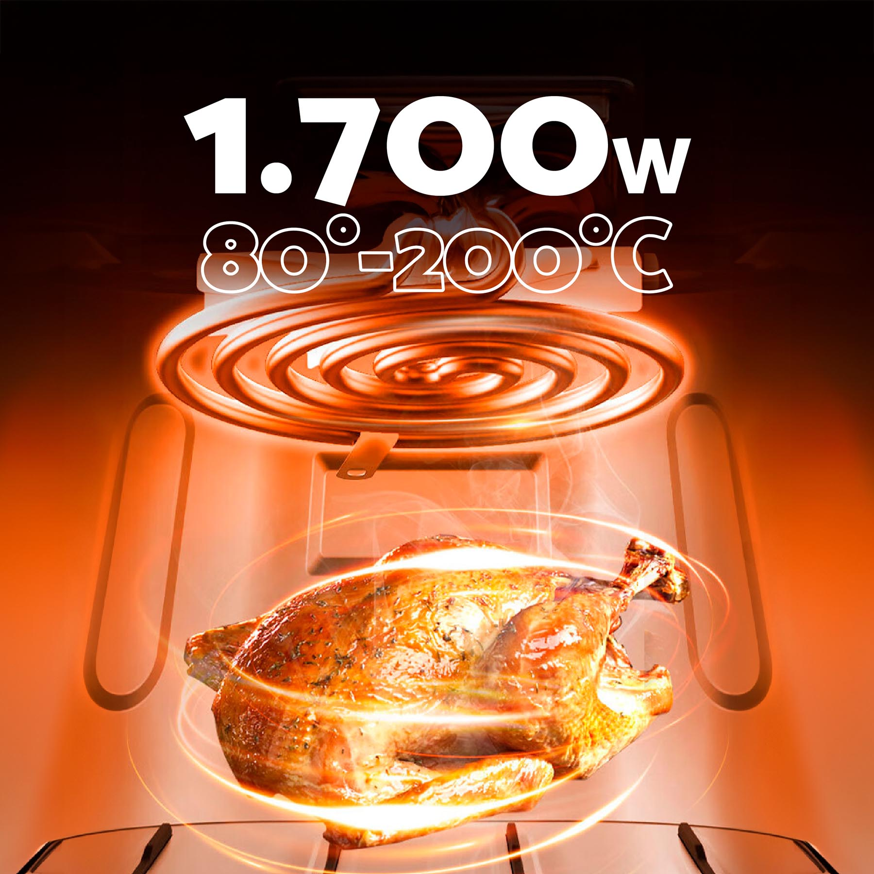Ein Huhn, das in einem Ofen gebraten wird. Der Ofen zeigt Heizschlangen und Temperaturinformationen.