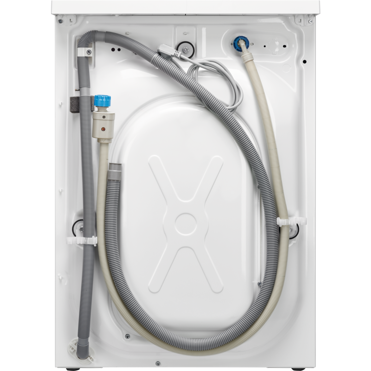 Tył białej pralki z wężami i przewodami. Tło jest czarne.