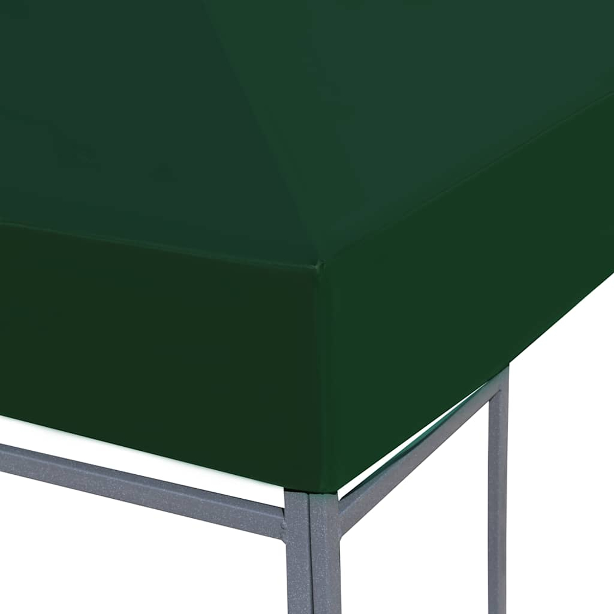Primo piano di un angolo di tettoia verde scuro. La tettoia è montata su un telaio metallico grigio.