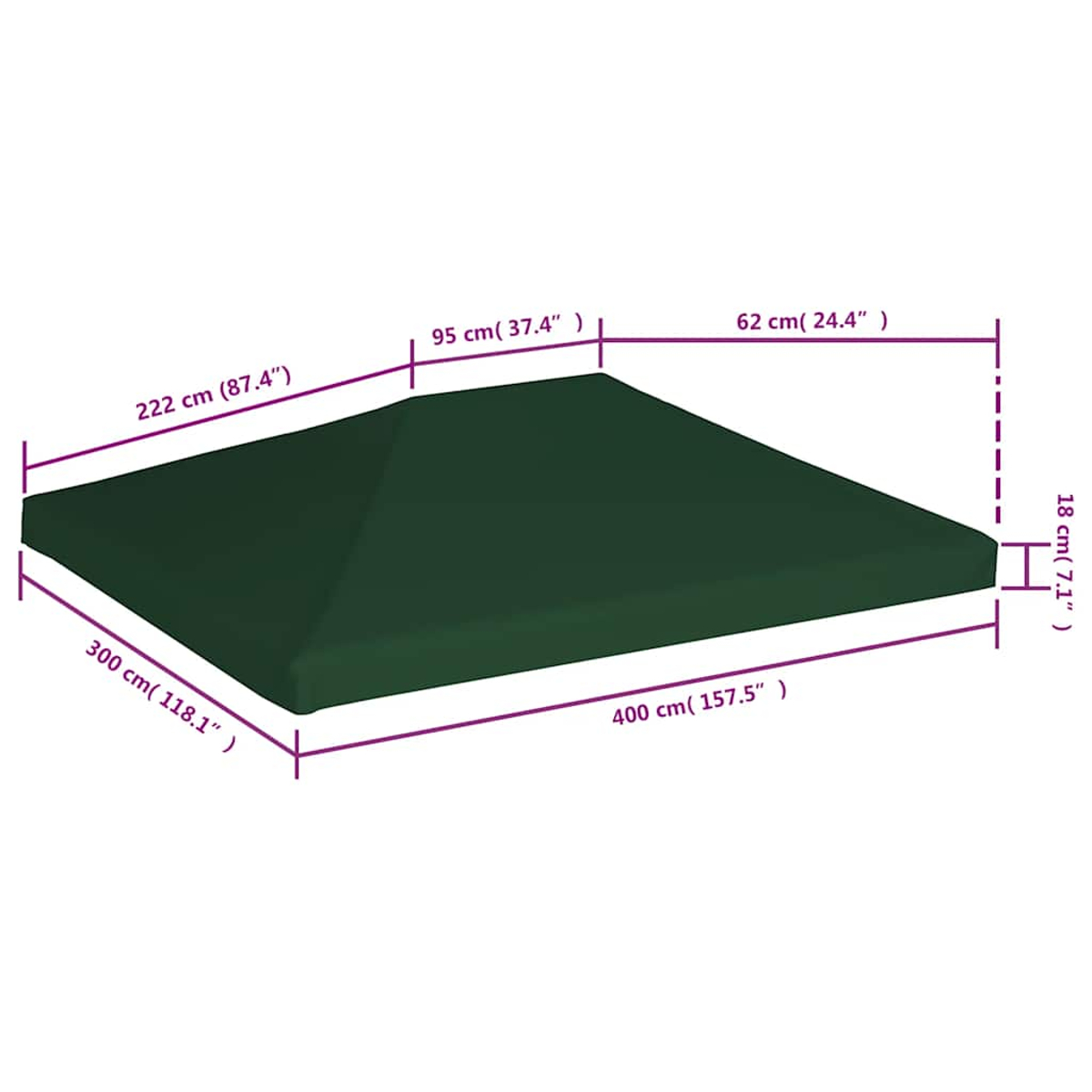 Tetto verde gazebo con dimensioni. È verde scuro e di forma rettangolare.
