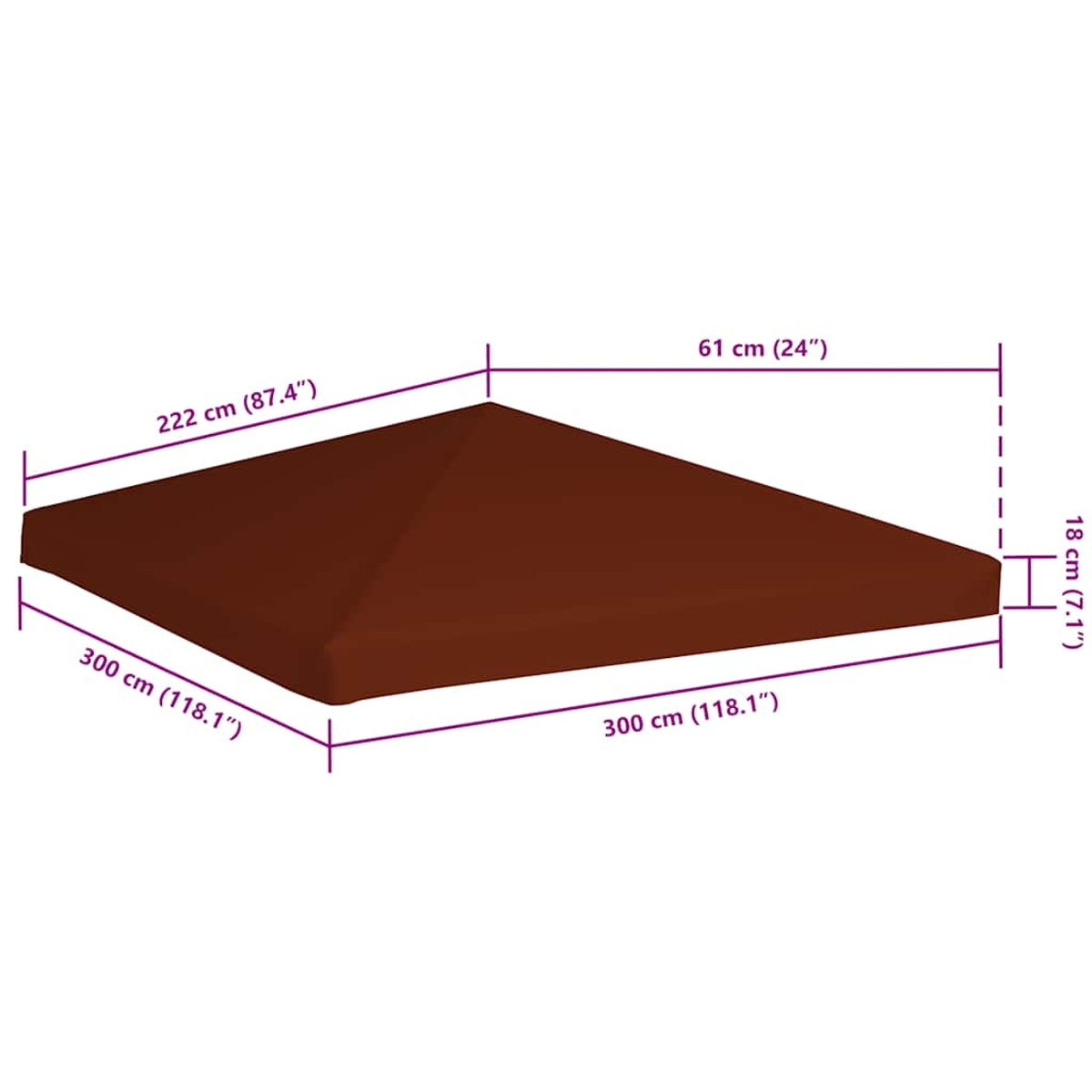 Una copertura rettangolare marrone con dimensioni in cm, forse per mobili da esterno.