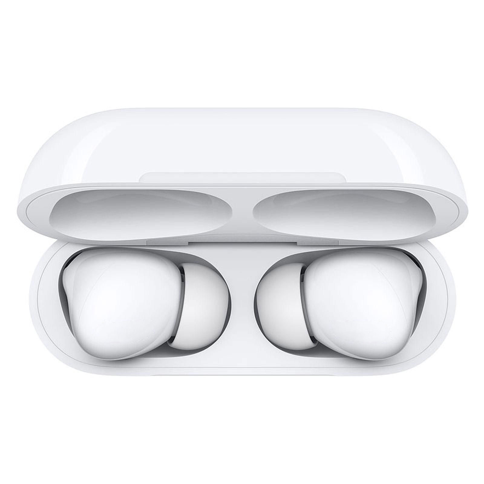 Auriculares blancos en un estuche de carga abierto.