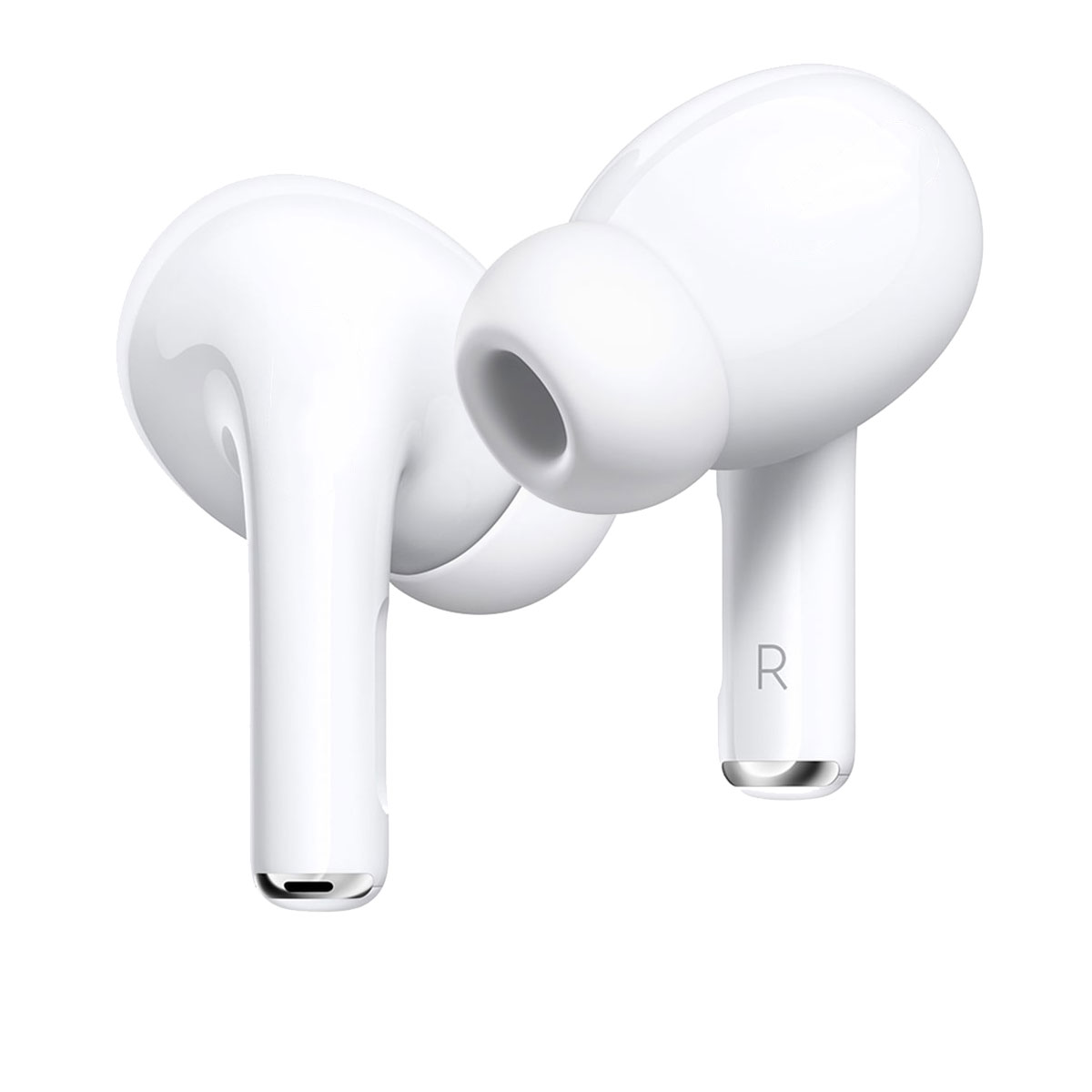 Auriculares inalámbricos blancos, uno con una 'R' y un extremo plateado.