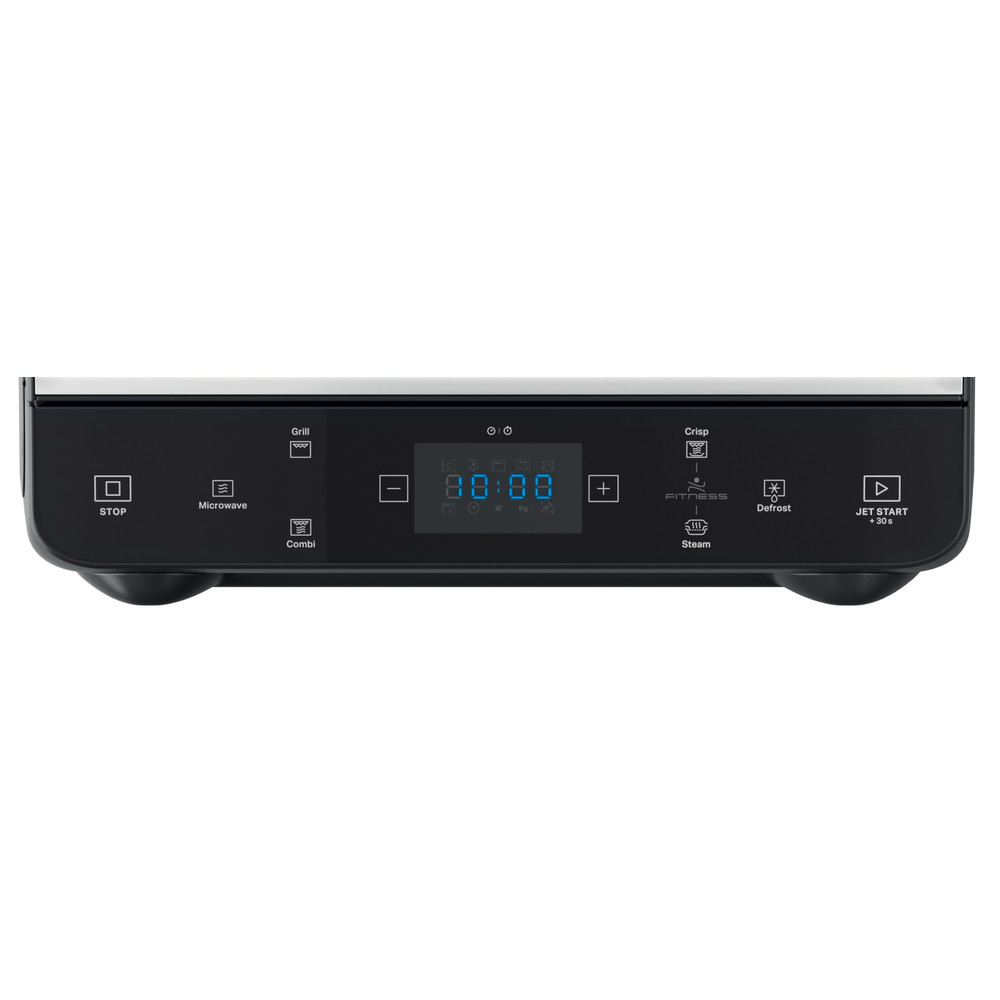 Primo piano del pannello di controllo di un forno a microonde, con pulsanti e display.