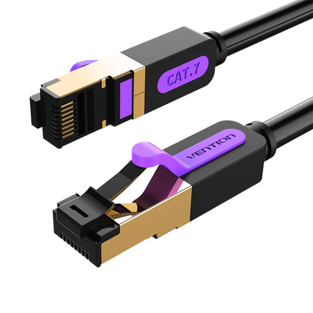 Dos cables ethernet negros y dorados con detalles morados. Los cables tienen conectores.