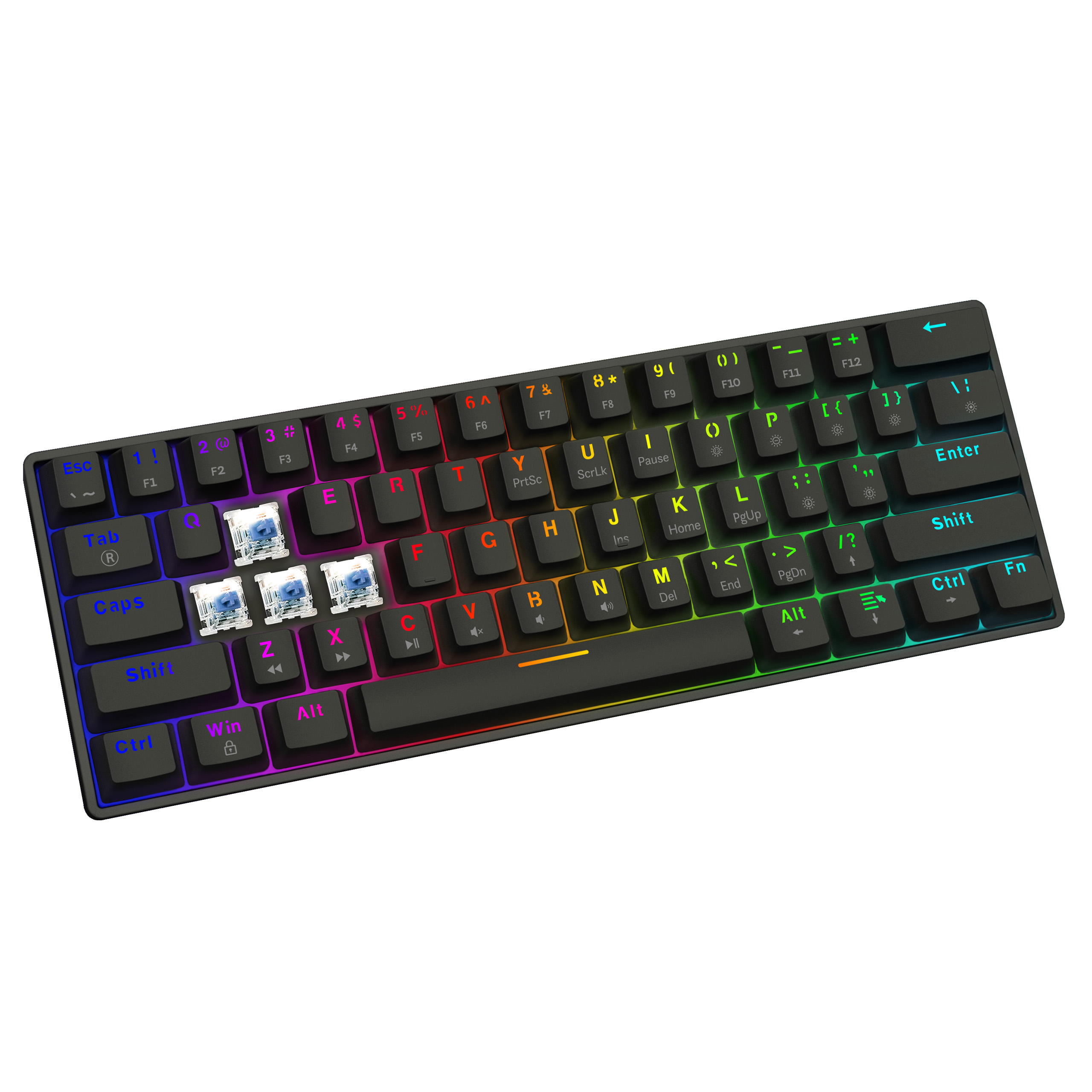 Klawiatura mechaniczna z kolorowymi klawiszami. Ma tęczowe podświetlenie.