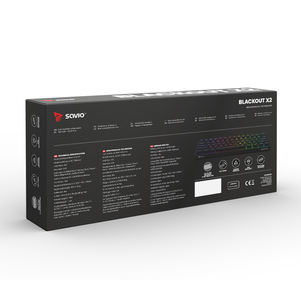 Czarno-czerwone pudełko klawiatury mechanicznej ze specyfikacjami i logo.